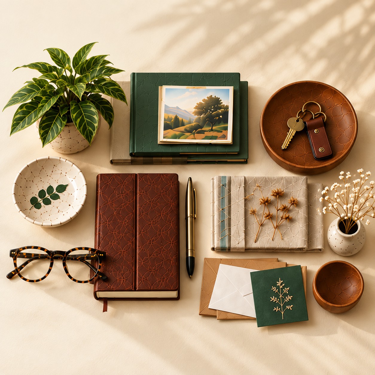 Papers, books, keys and a plant arranged on a table.